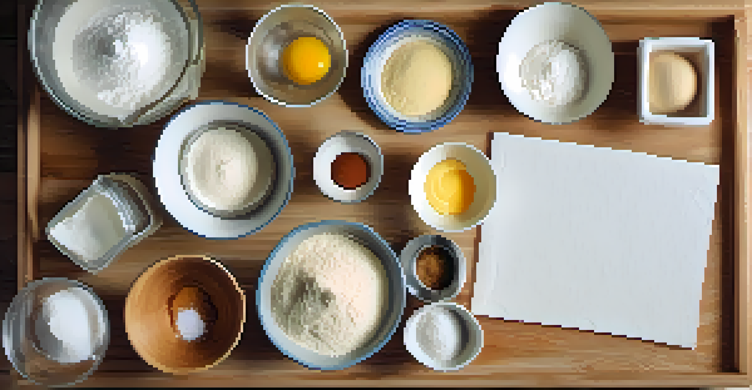 An organized baking station with ingredients for pastries, including flour, sugar, eggs, and a kitchen scale under soft lighting.