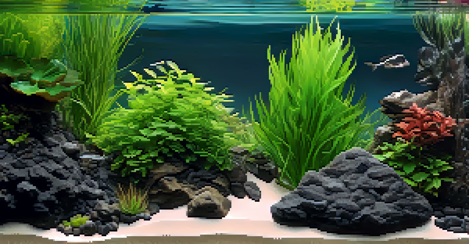 A close-up of various aquascaping substrates, showcasing their textures and colors.