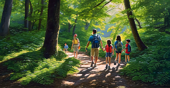 A family enjoying a hike on a sunny day, with children engaged in a scavenger hunt and parents guiding them.