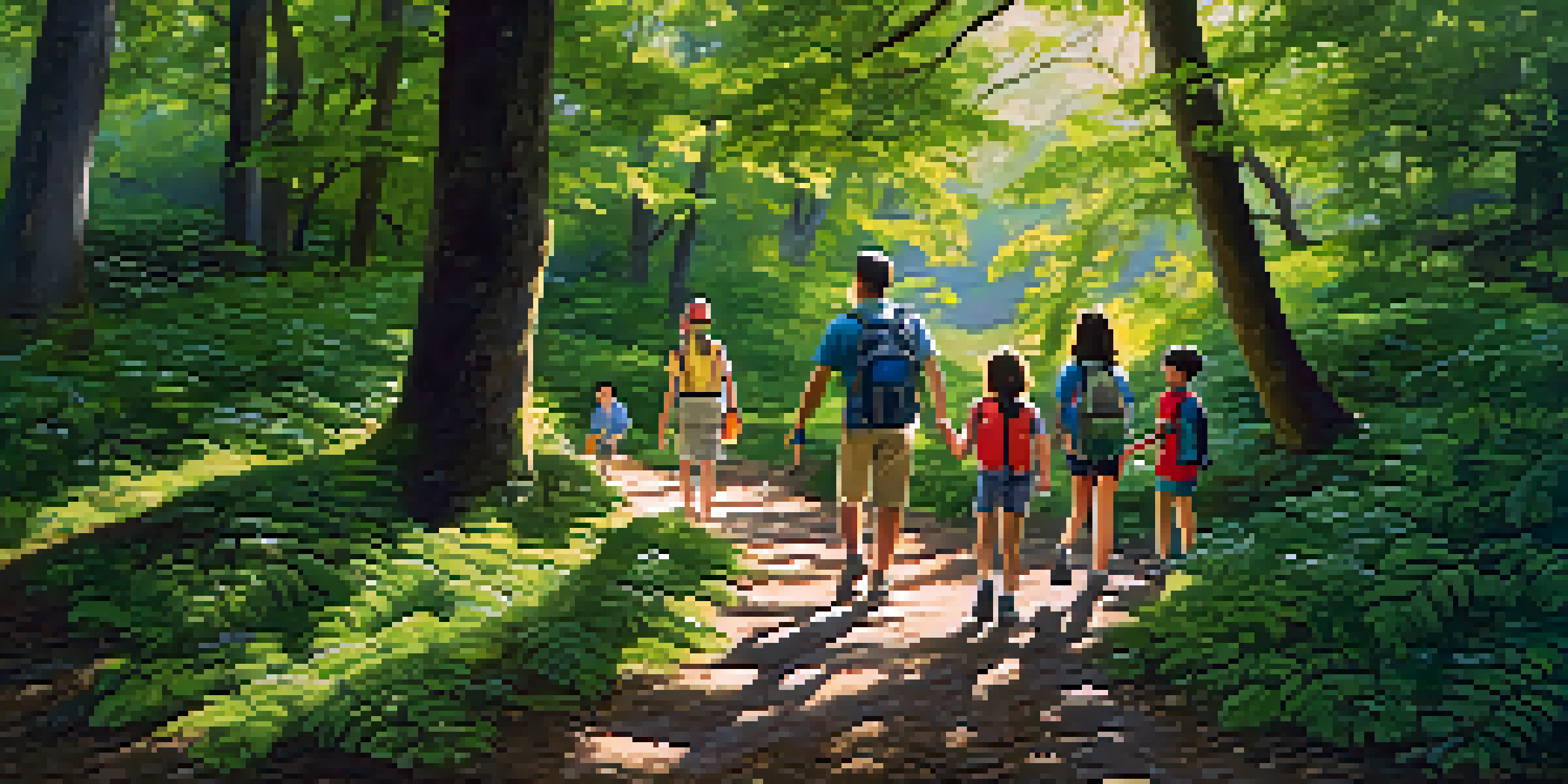 A family enjoying a hike on a sunny day, with children engaged in a scavenger hunt and parents guiding them.
