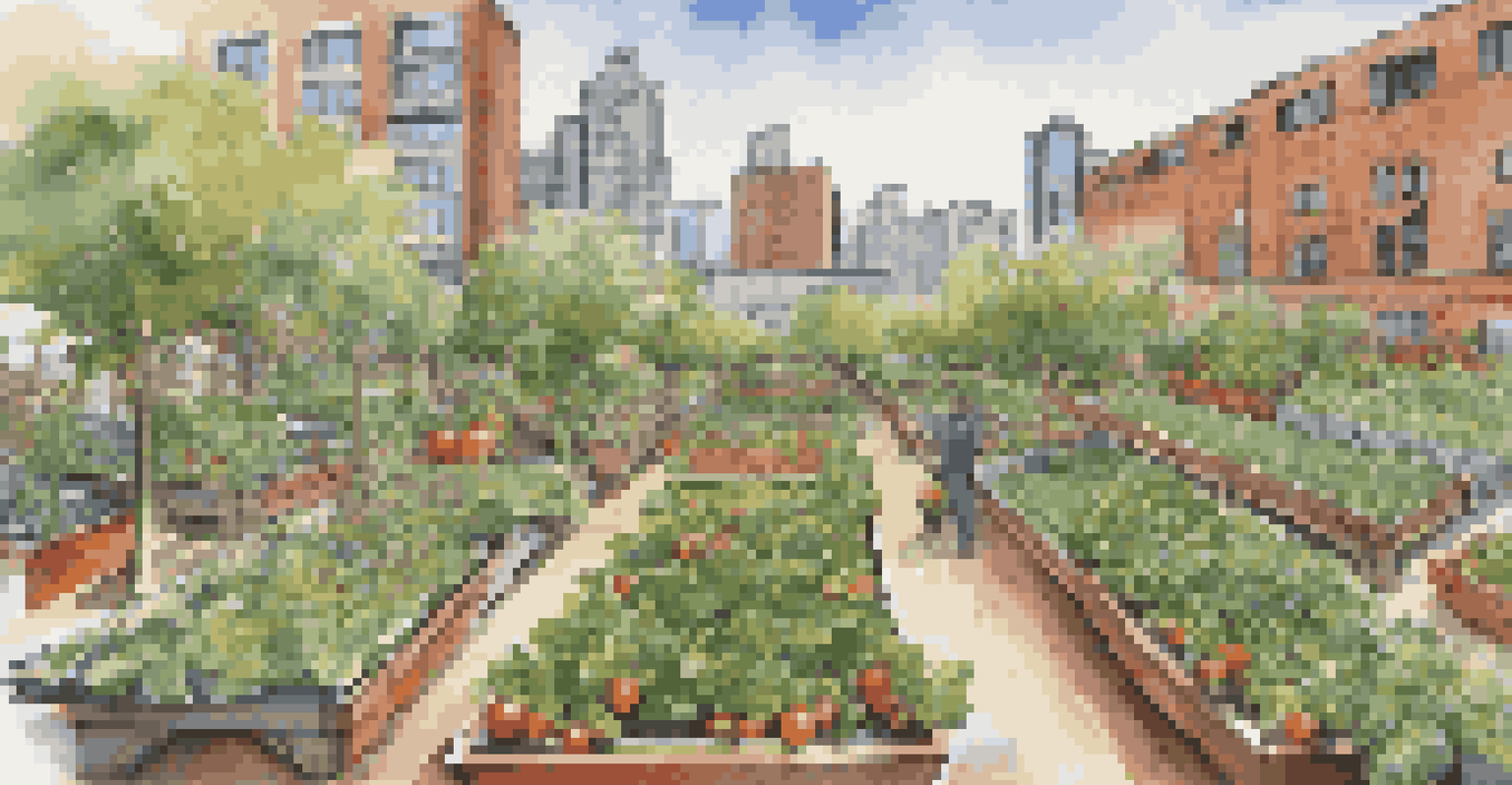 A community garden with hydroponic systems growing fruits and vegetables in an urban setting.