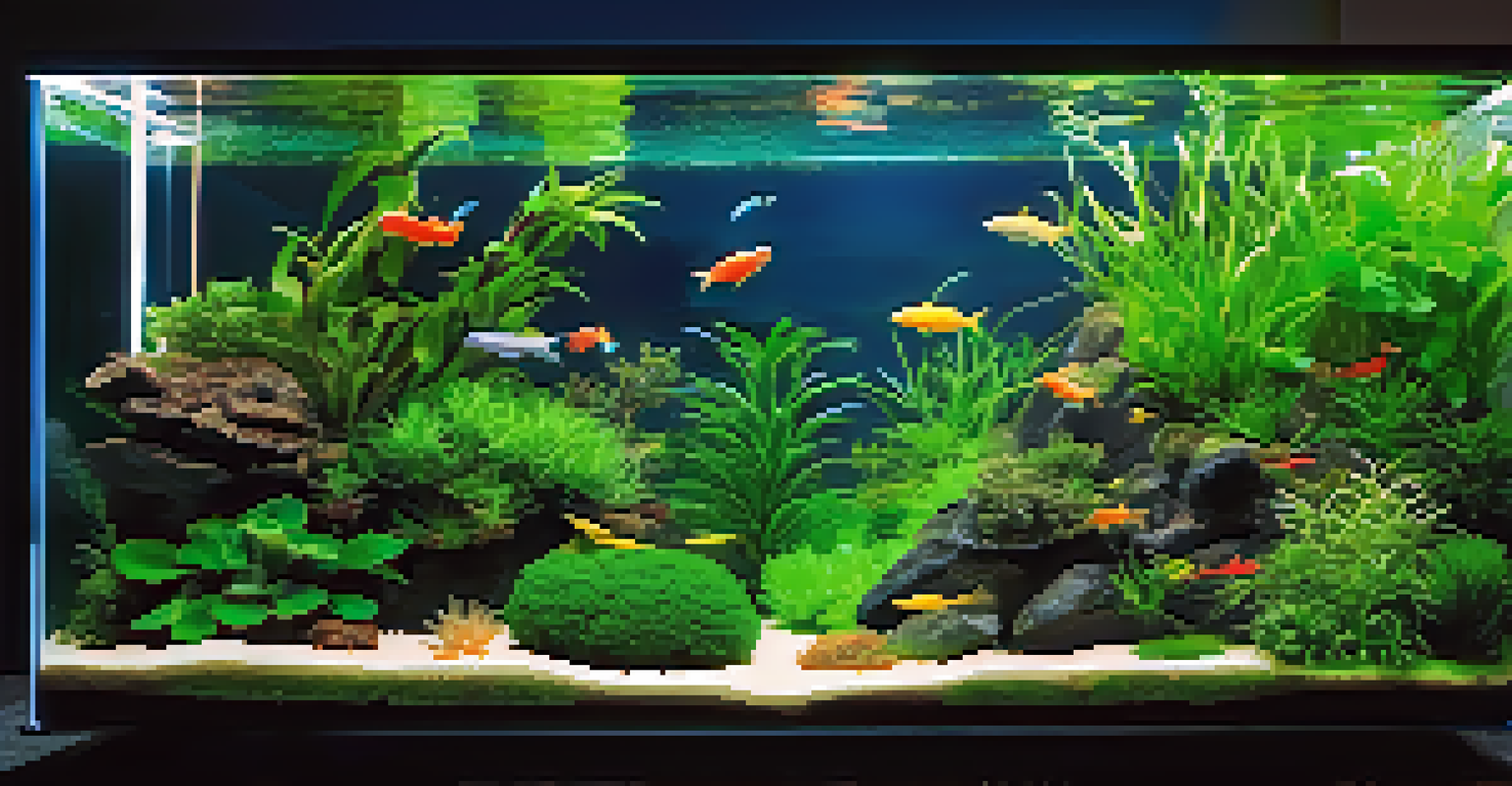 An overhead view of an aquascape with various plants and fish under different lighting conditions, showcasing both cool and warm light effects.