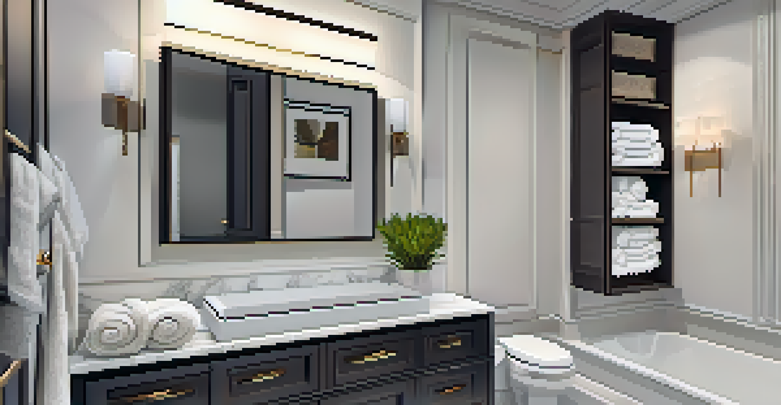 A stylish bathroom vanity with a marble countertop and open shelves, displaying towels and a decorative basket, illuminated by soft lighting.
