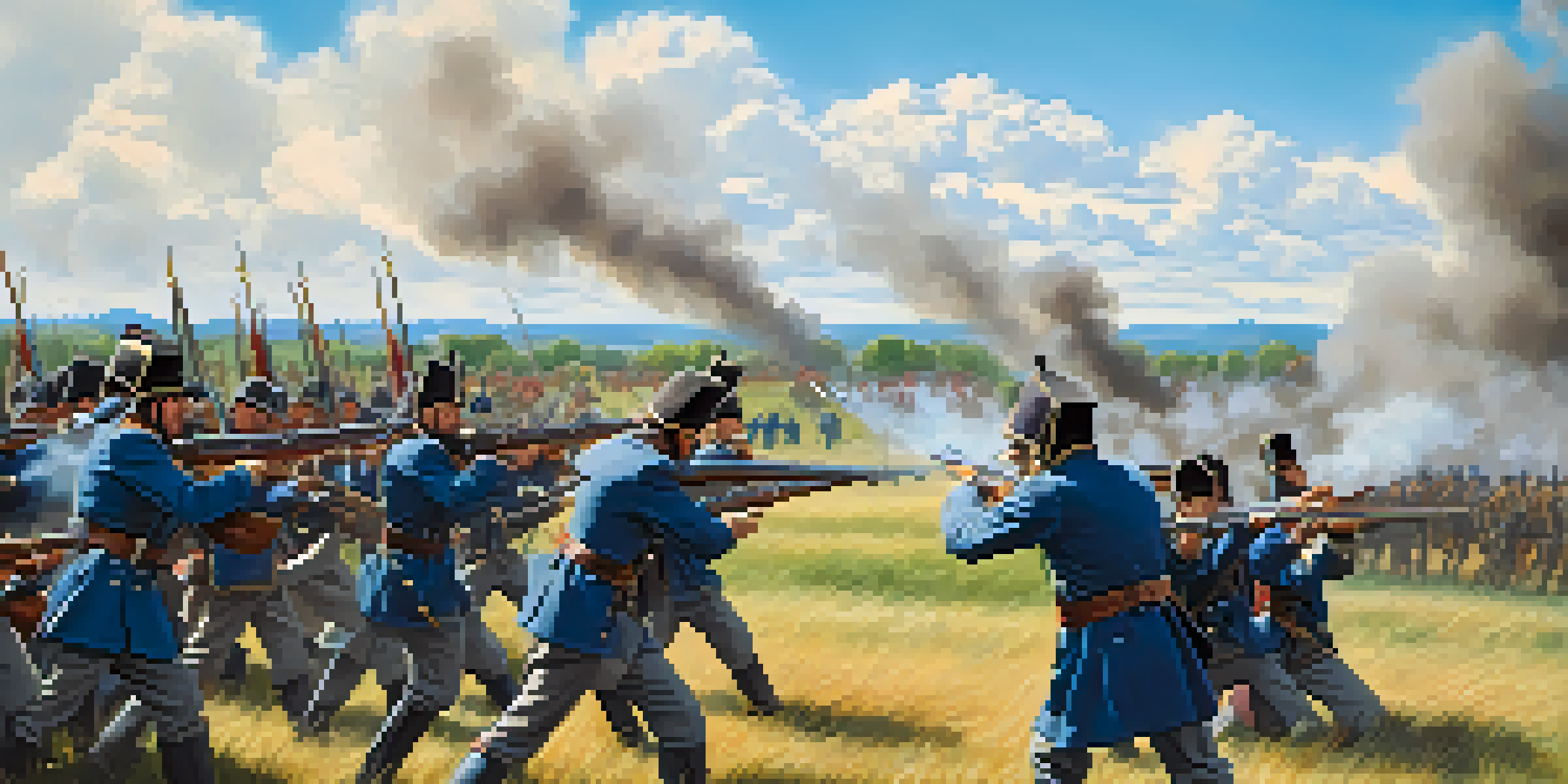 A colorful scene of soldiers in Civil War uniforms participating in a reenactment battle, with smoke and a green landscape in the background.