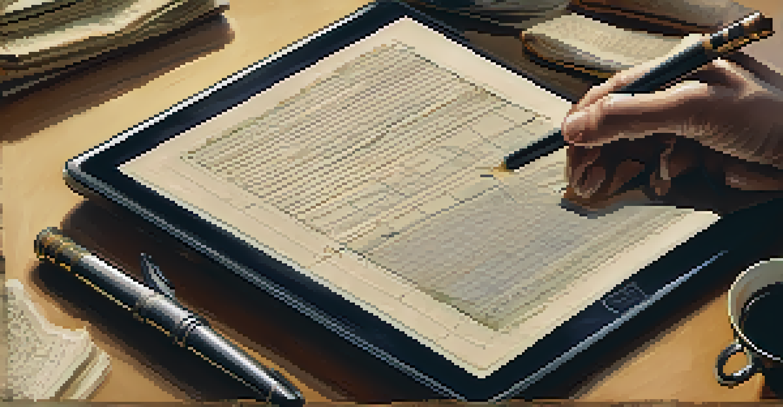 A researcher taking notes while looking at a historical document on a tablet.