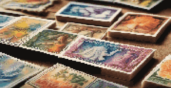 A close-up view of a colorful collection of stamps on a wooden table, illuminated by soft natural light.