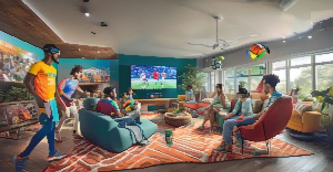 A group of friends enjoying a virtual reality sports game in a cozy living room, wearing VR headsets and surrounded by colorful decorations and snacks.