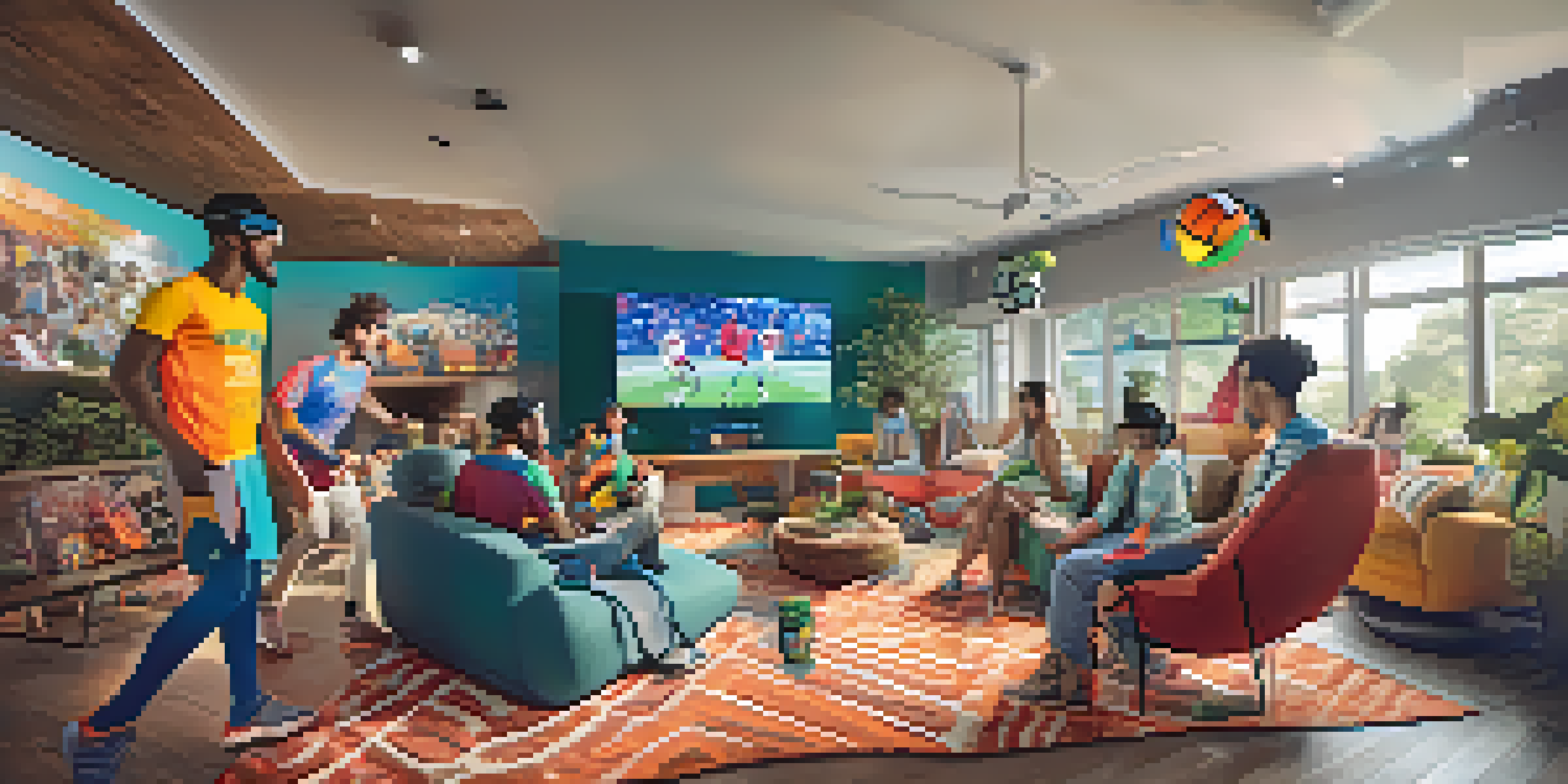 A group of friends enjoying a virtual reality sports game in a cozy living room, wearing VR headsets and surrounded by colorful decorations and snacks.