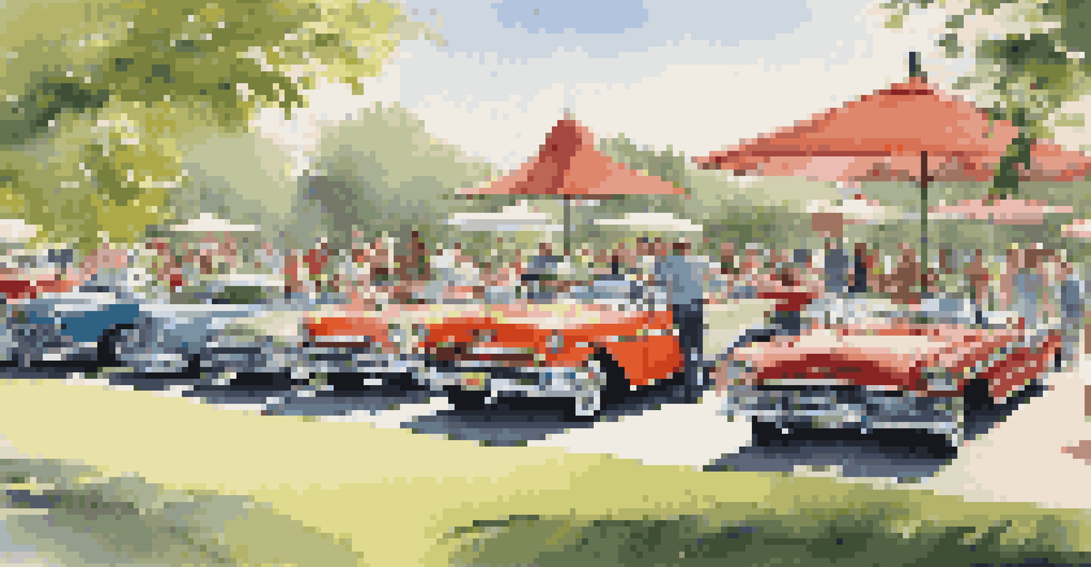 A vintage car show with colorful classic cars and enthusiasts interacting in a sunny outdoor setting.