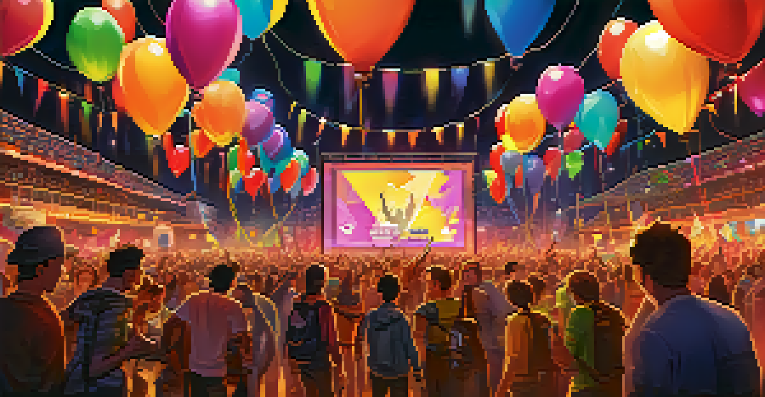 A lively game launch event with fans watching a game trailer on a large screen, surrounded by decorations and excited developers.