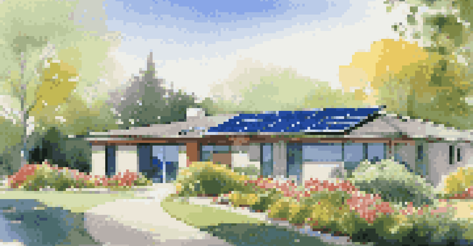 A modern house with solar panels on the roof, surrounded by a beautiful garden and a clear blue sky.