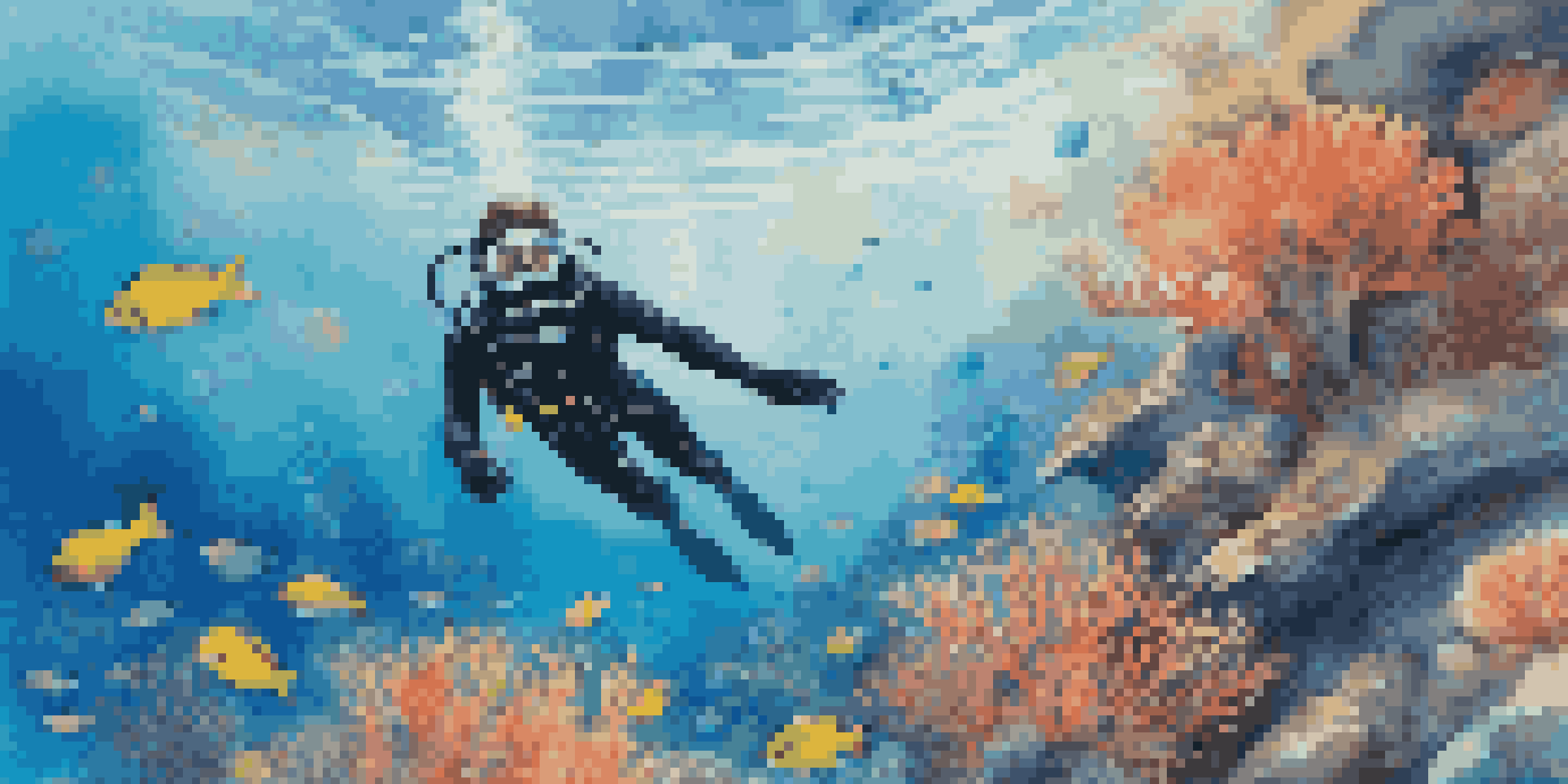 A diver in a wetsuit exploring underwater life in cold water, with sunlight filtering through the surface and colorful fish and coral visible.