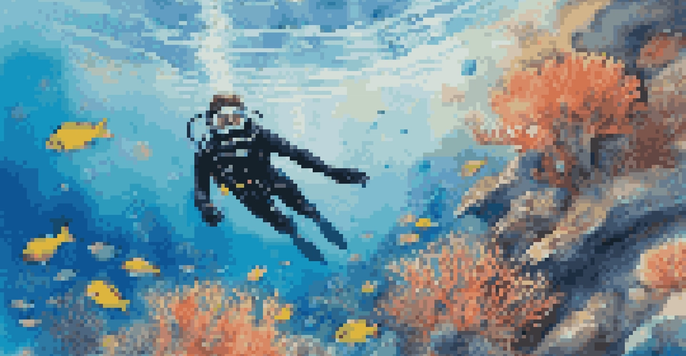 A diver in a wetsuit exploring underwater life in cold water, with sunlight filtering through the surface and colorful fish and coral visible.