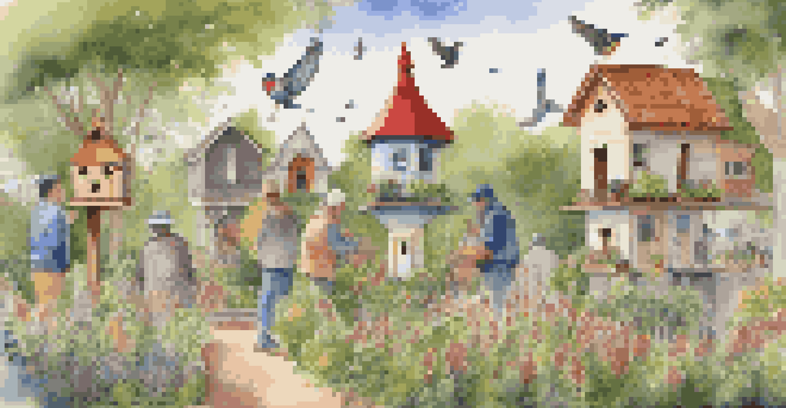 A community gathering in a garden displaying unique birdhouses made by local artisans, with people admiring the designs.