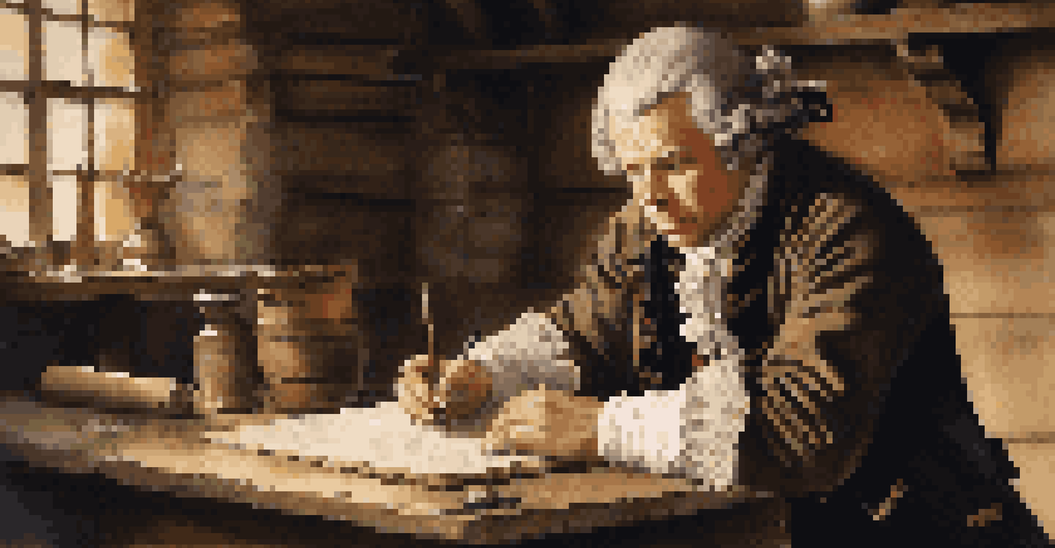 A reenactor in 18th-century clothing writing with a quill at a wooden table, surrounded by historical artifacts and candlelight.
