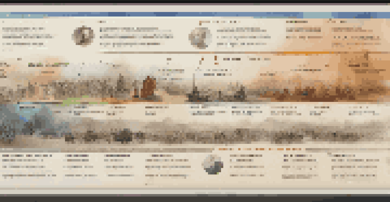 A colorful multimedia timeline of historical events displayed on a large screen in a digital workspace, with images and infographics.