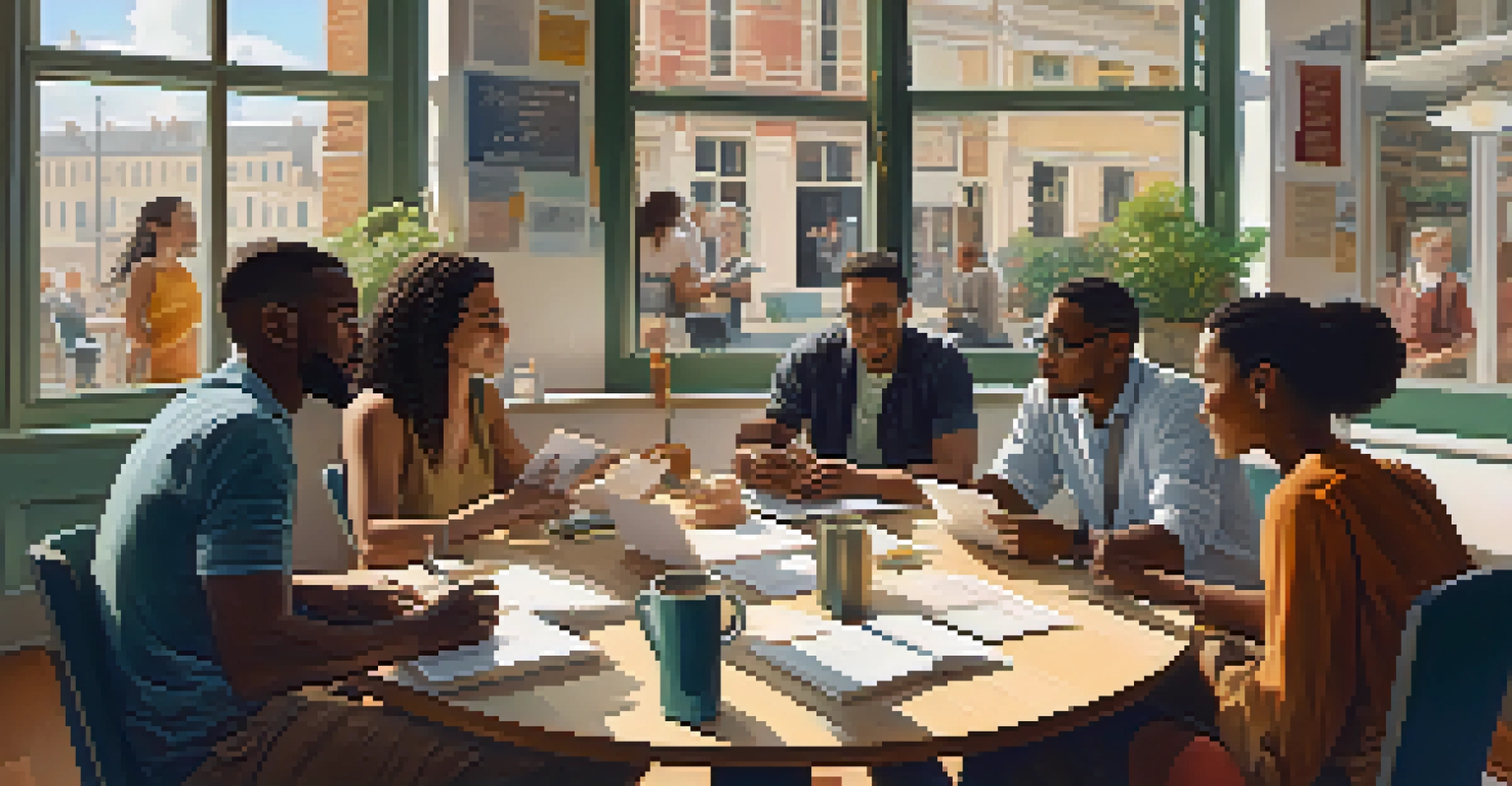 A group of writers discussing ideas at a table in a bright café with inspiring decor.