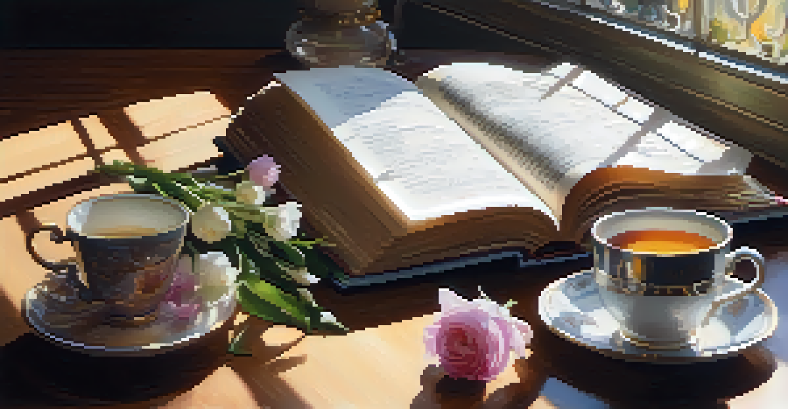 A close-up of an open poetry book on a wooden table with a cup of tea and flowers, illuminated by soft natural light.
