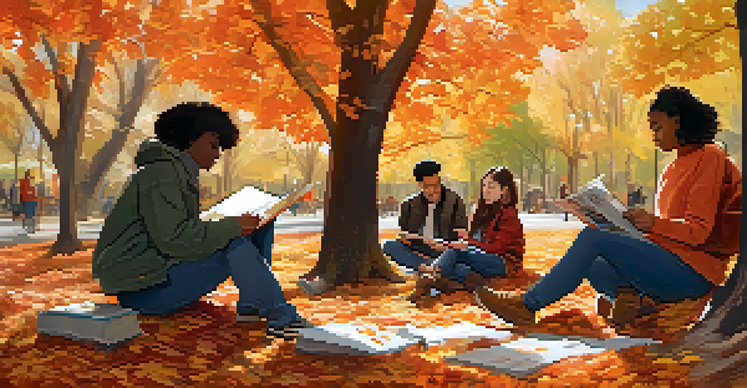 Diverse artists sketching in a colorful autumn park, surrounded by swirling leaves and sharing ideas.