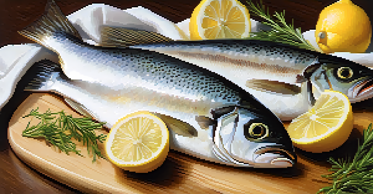 Fresh fish fillets on a wooden cutting board, garnished with lemon and herbs in a warm kitchen setting.
