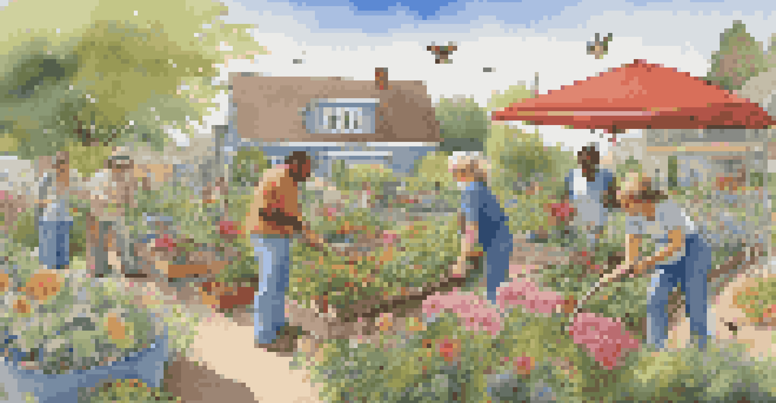 A community garden bustling with people gardening together, surrounded by diverse flowers and plants, under a clear blue sky.