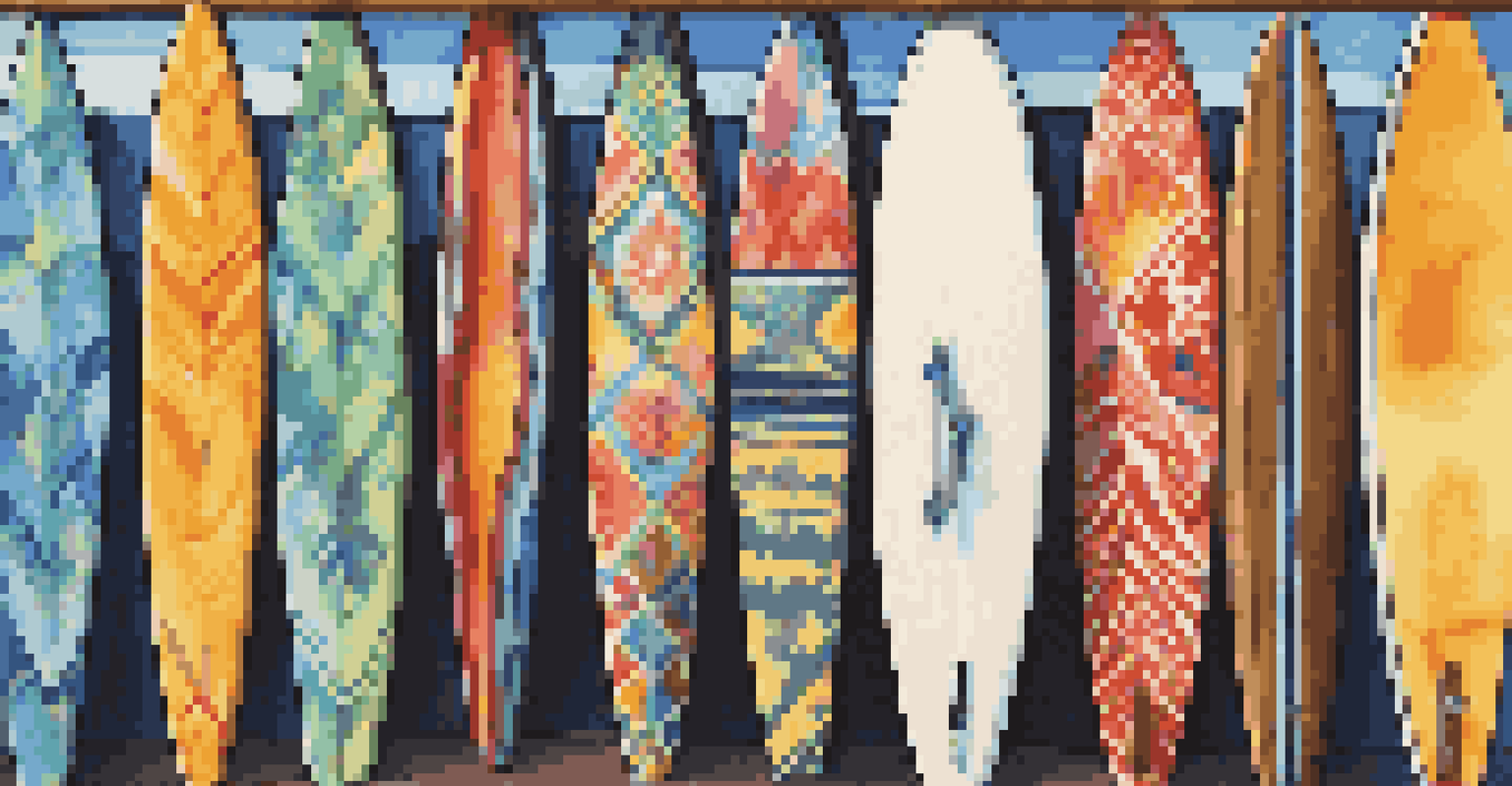 A colorful, patterned wetsuit hanging on a surfboard rack at the beach.