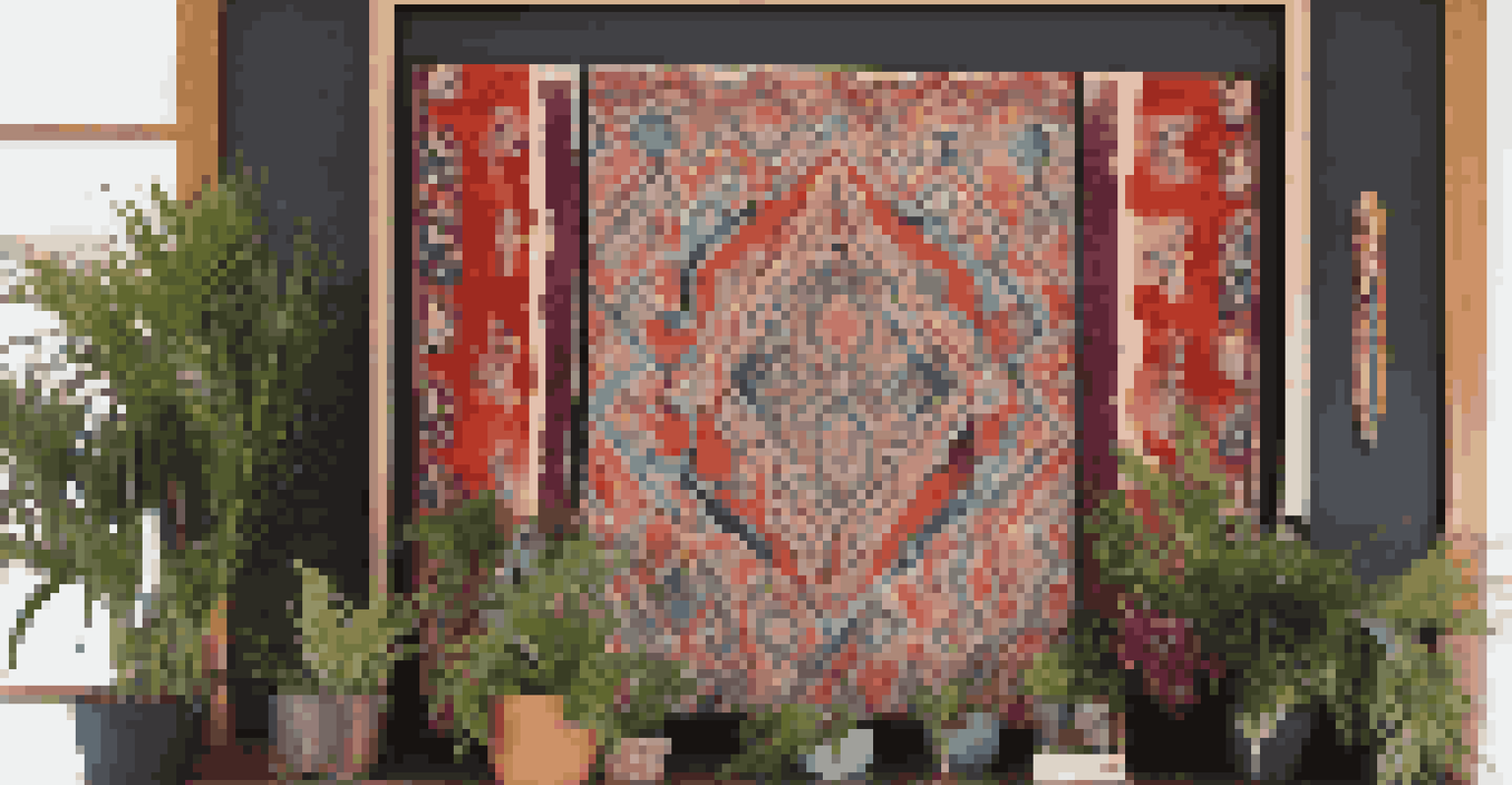 A wall featuring a large wall hanging made from an upcycled rug, surrounded by plants and framed art.