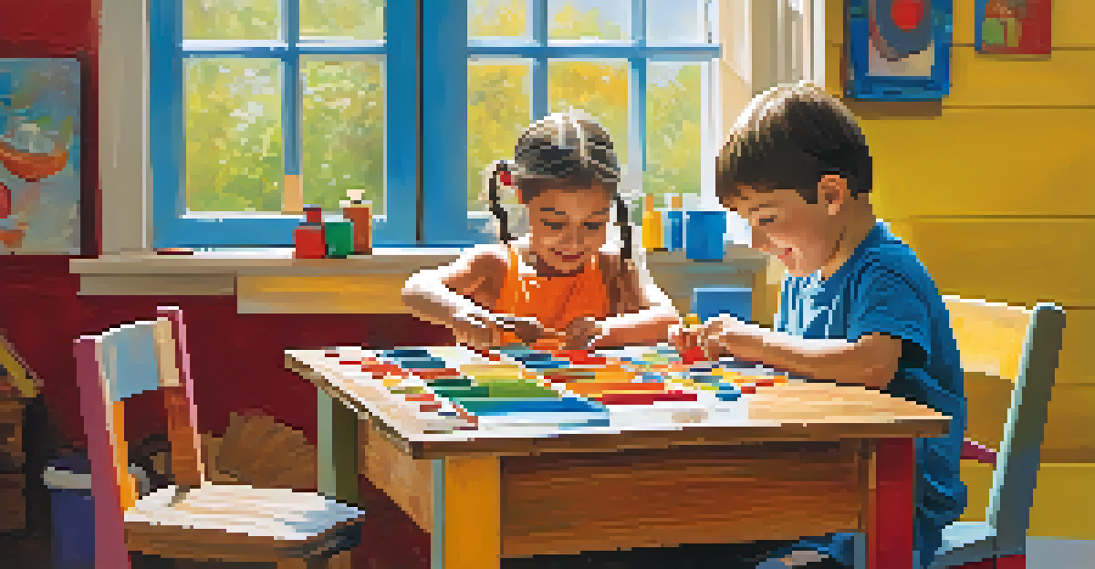 A child happily creating a wooden car with blocks and paints at a colorful table, with a parent assisting.