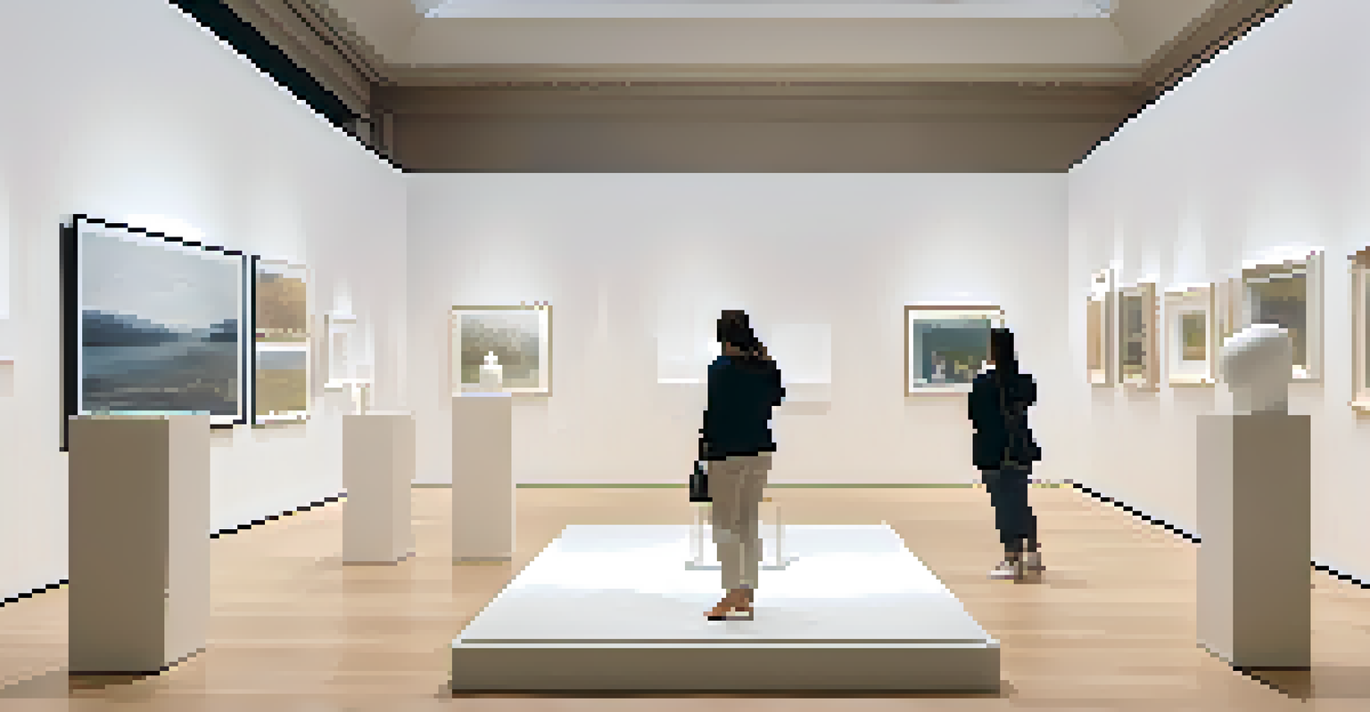 An interactive 3D art gallery with abstract sculptures, soft lighting, and visitors engaging with the art.