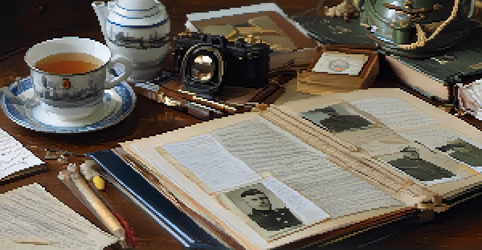 An open scrapbook showcasing military memorabilia like photographs and medals, with a cup of tea beside it, creating a cozy ambiance.