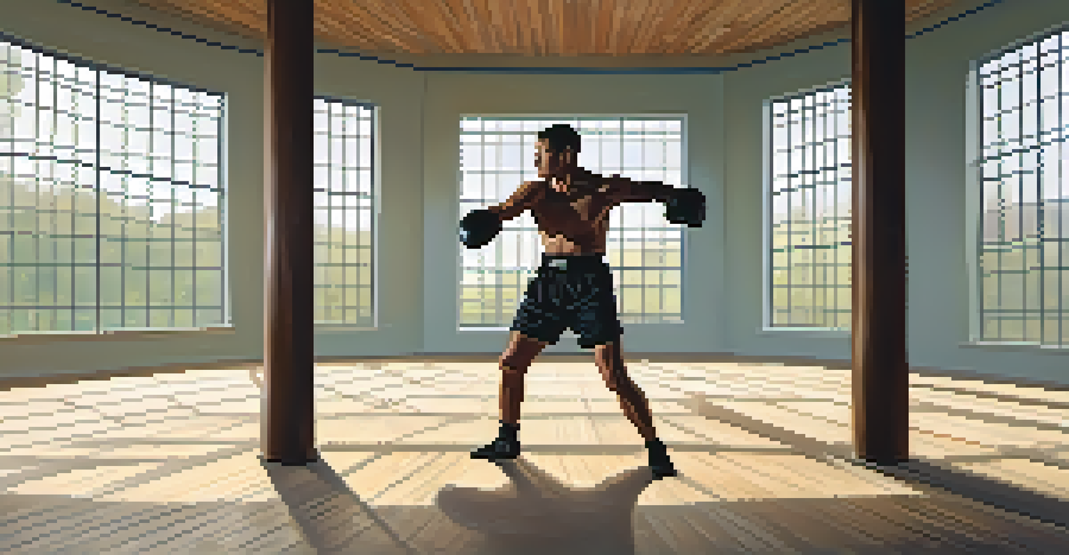 A kickboxer practicing shadowboxing in an empty training studio, illuminated by soft natural light.
