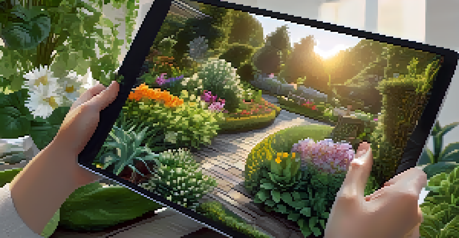 A person using a gardening app on a tablet next to their real garden, showcasing a blend of virtual and physical gardening.