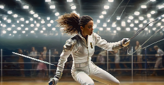 A female fencer in action on a fencing strip, wearing a white uniform and lunging with a foil.