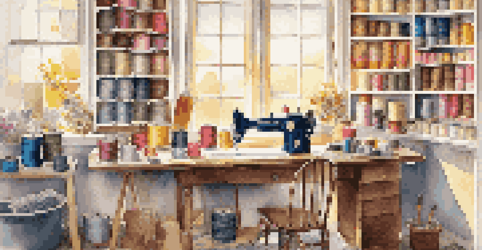 A well-organized sewing studio with a sewing machine, colorful thread spools, and a quilt in progress under warm sunlight.