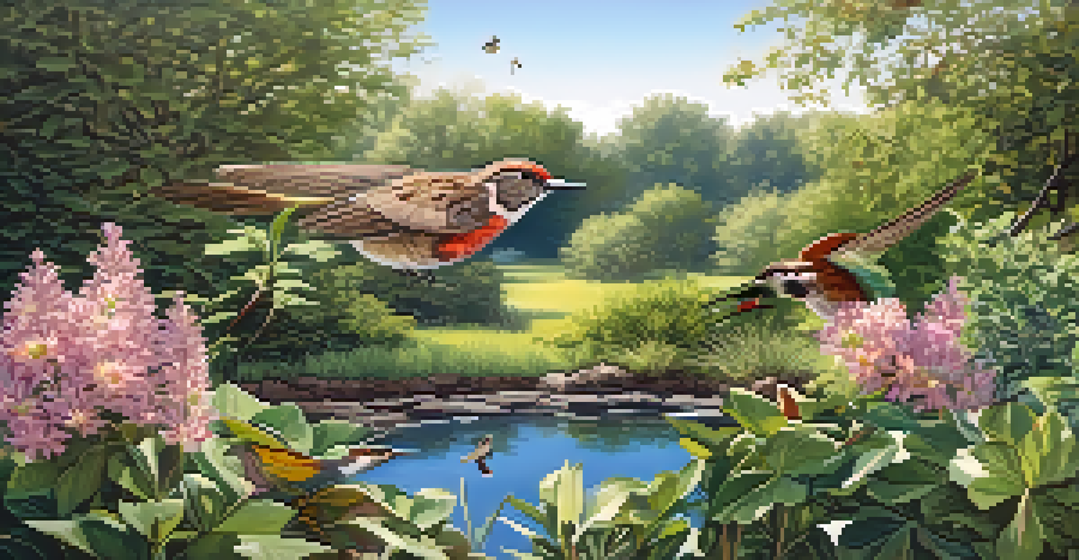 A peaceful backyard habitat with native shrubs, a pond, and various wildlife including sparrows and a hummingbird.