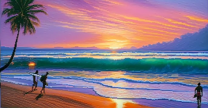 Surfers riding waves at a Hawaiian beach during sunset with colorful skies and palm trees.