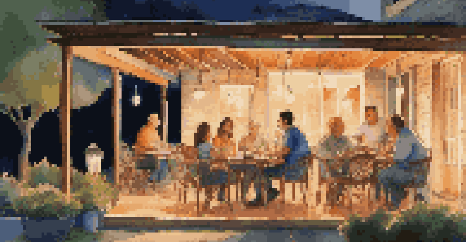 An outdoor patio at dusk with smart lights creating a cozy ambiance, where a family enjoys a meal together.