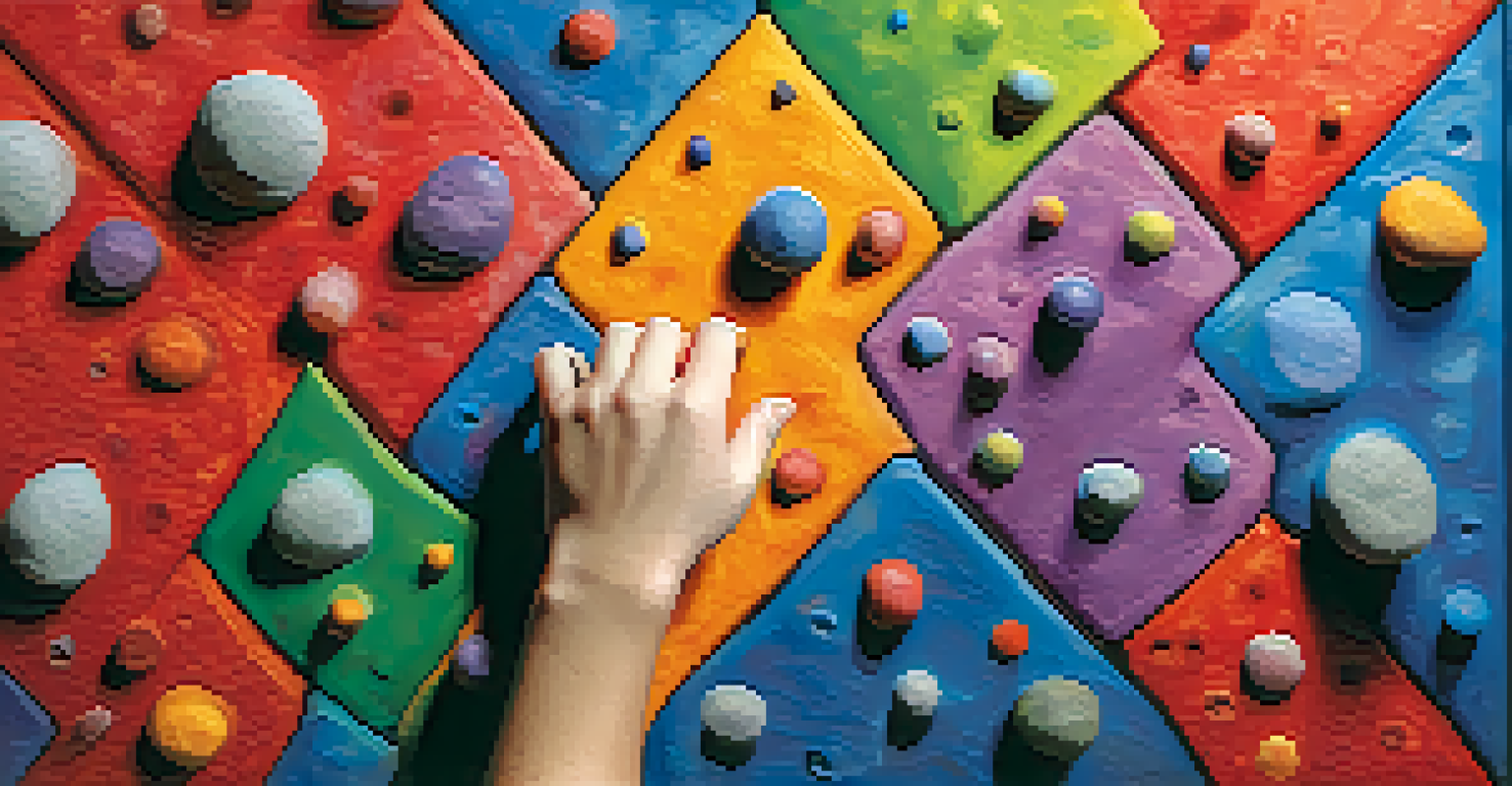 A close-up of a climber's chalk-dusted hands gripping colorful climbing holds on a wall.