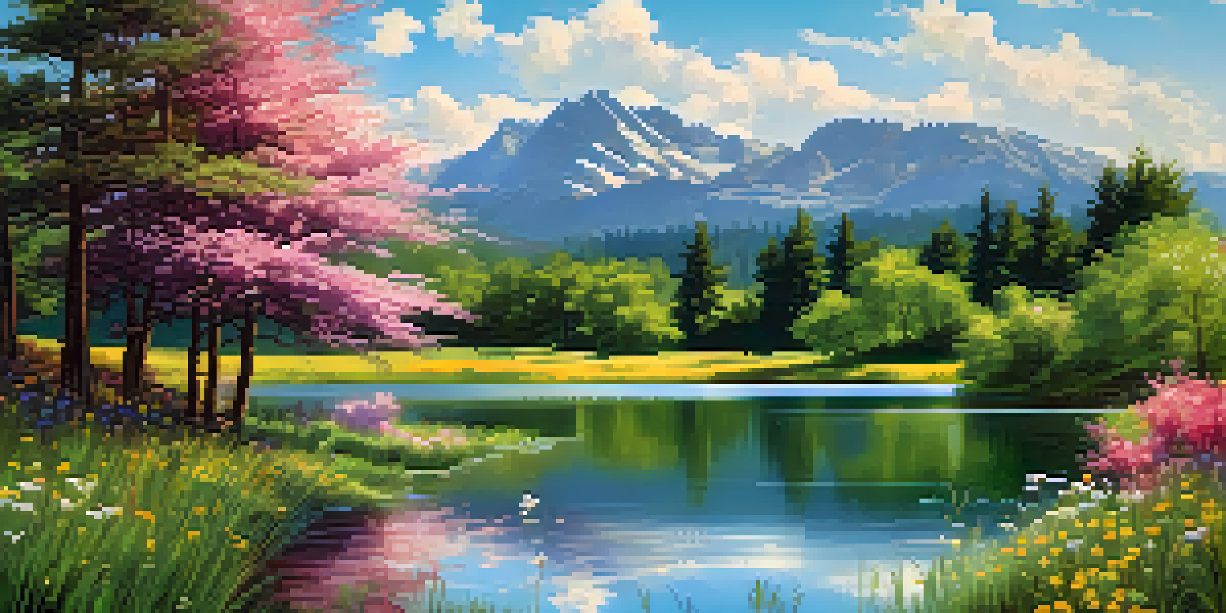 A peaceful lake nestled between green mountains, with sunlight reflecting off the water and colorful wildflowers in the foreground.
