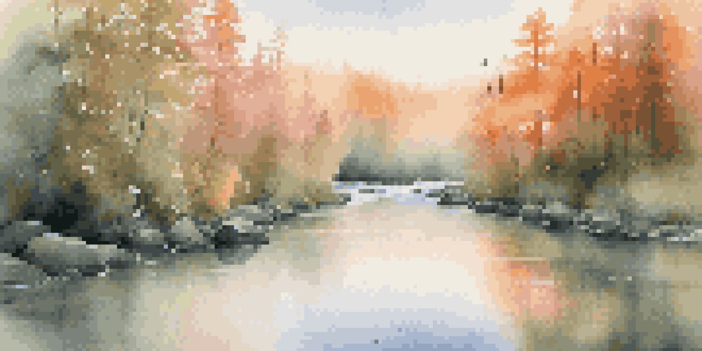 A peaceful river at sunrise with salmon jumping upstream and mist hovering over the water.