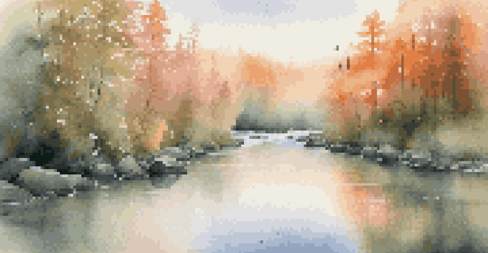 A peaceful river at sunrise with salmon jumping upstream and mist hovering over the water.