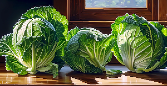 Close-up view of fresh green cabbage heads with coarse sea salt on a wooden countertop, illuminated by sunlight.