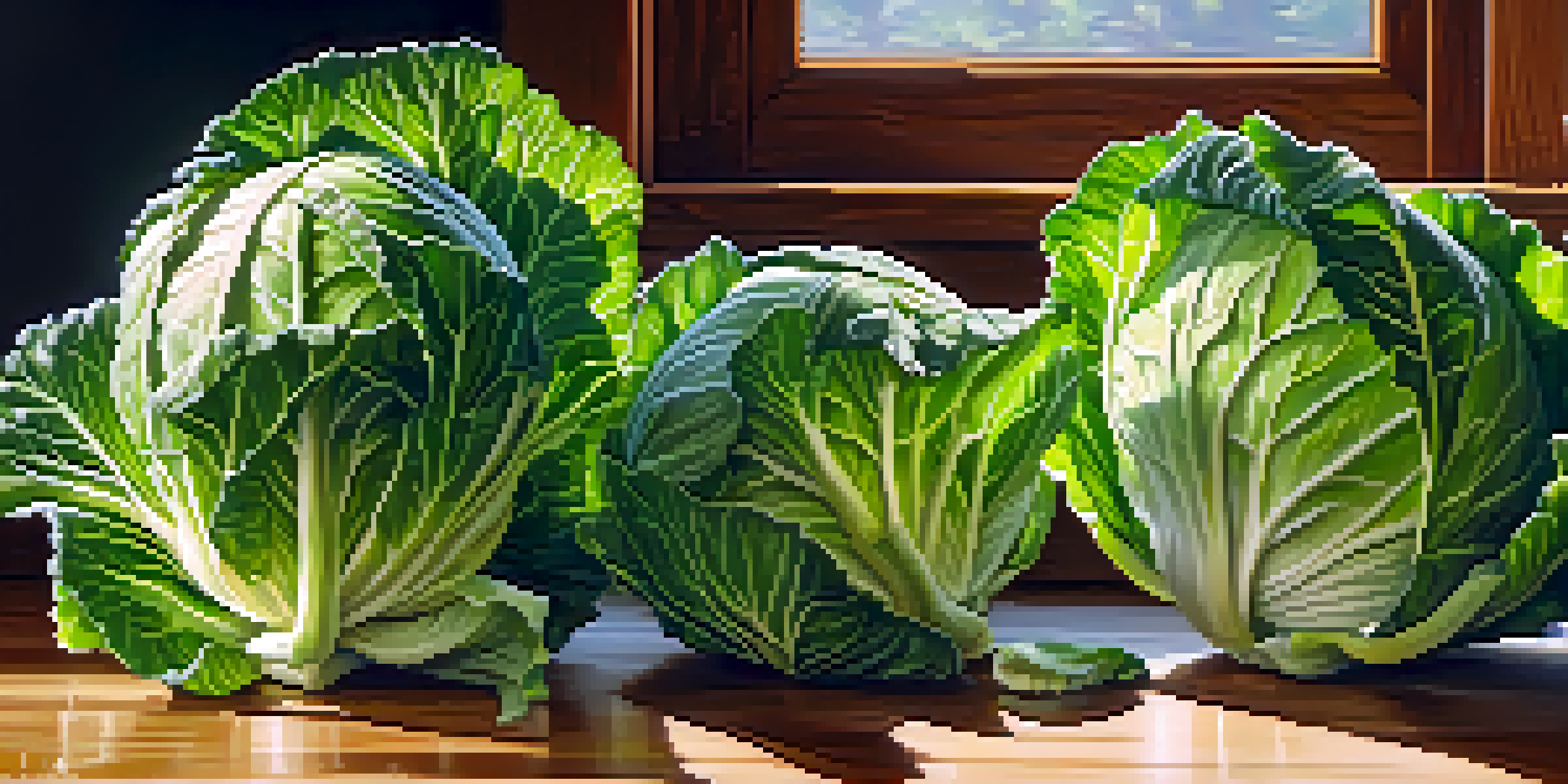 Close-up view of fresh green cabbage heads with coarse sea salt on a wooden countertop, illuminated by sunlight.