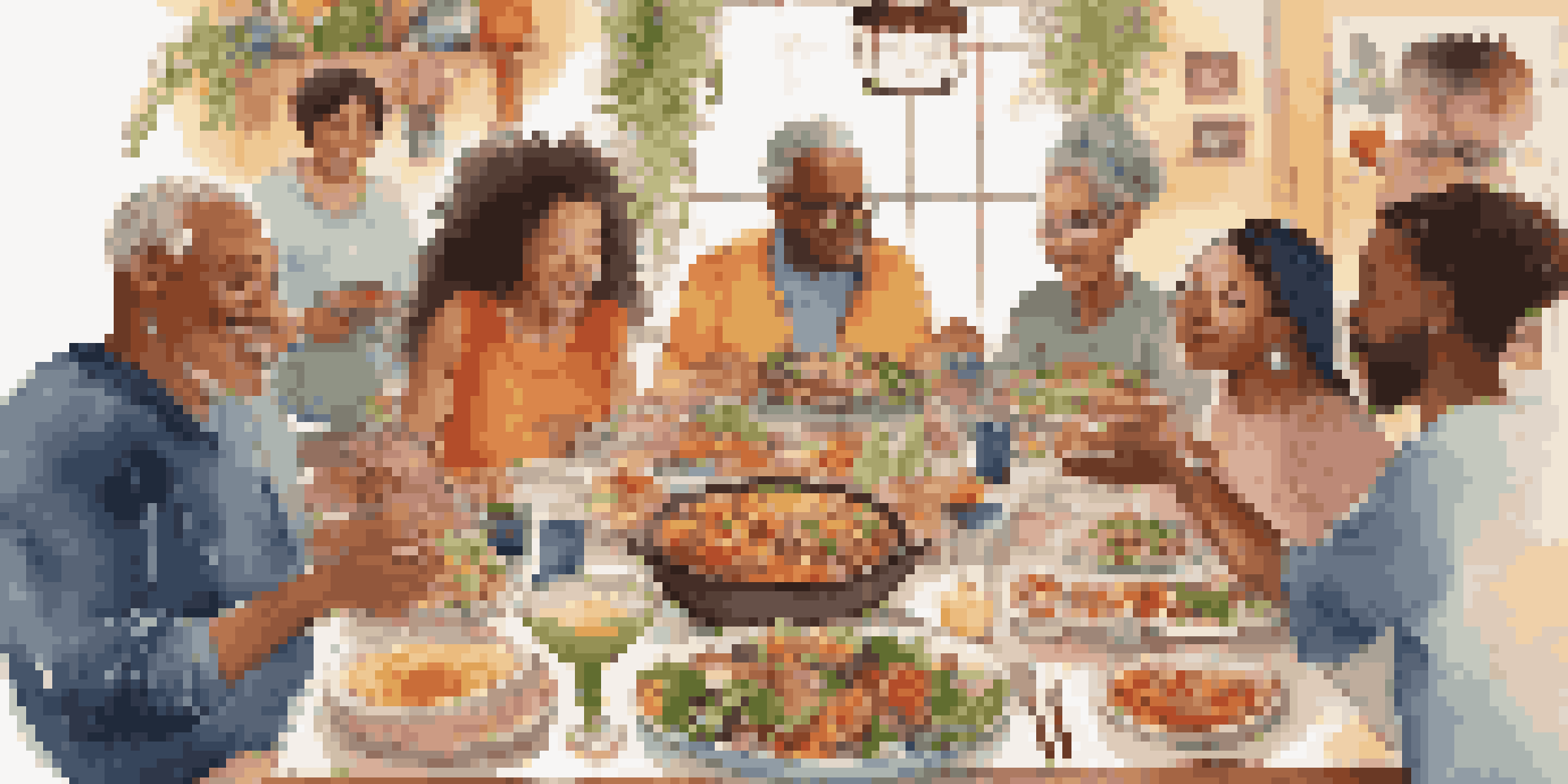 A diverse group of people enjoying a potluck dinner, with a table full of colorful dishes and warm lighting.