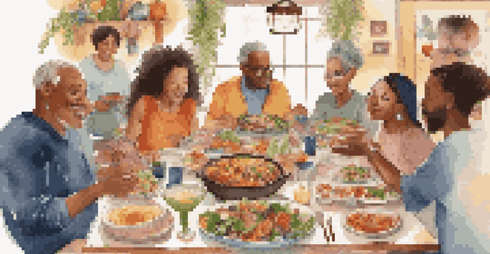 A diverse group of people enjoying a potluck dinner, with a table full of colorful dishes and warm lighting.
