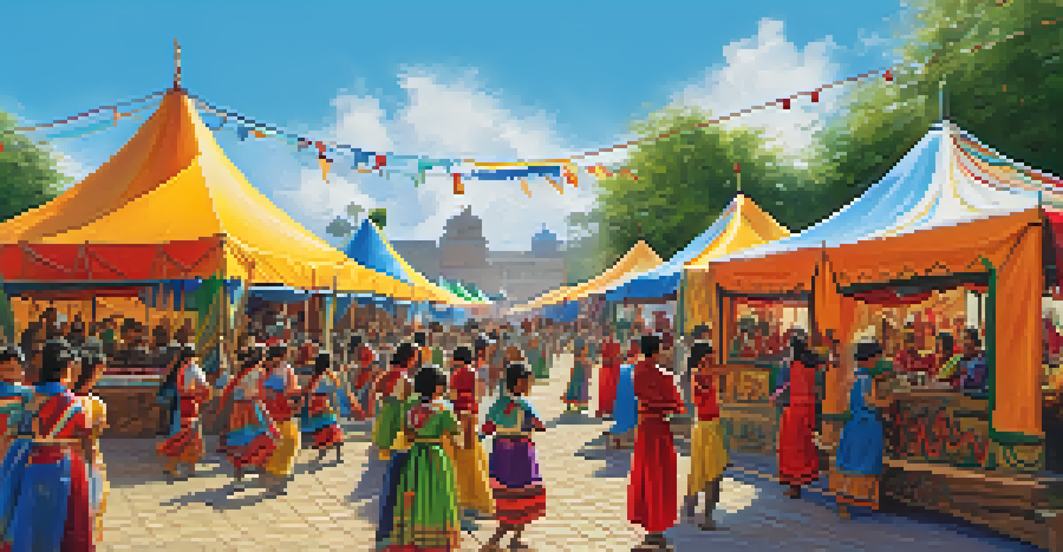 A cultural festival on a heritage trail with colorful tents, traditional dancing, and families enjoying local food under a clear sky.