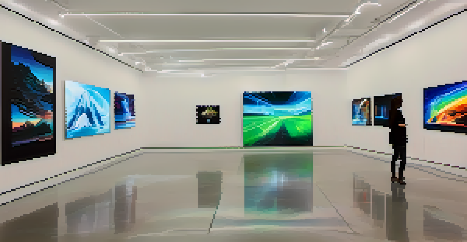 A modern gallery showcasing immersive art installations with augmented reality, filled with holographic displays and interactive artworks.