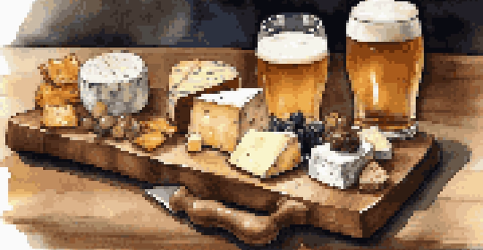 A cheese board with brie, aged cheddar, goat cheese, and two types of beer, all displayed in a warm, inviting setting.