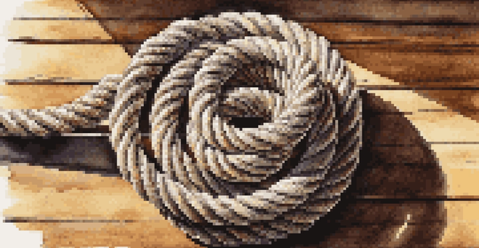 A close-up of a coiled climbing rope on a wooden surface, illuminated by sunlight, showcasing its texture and casting shadows.