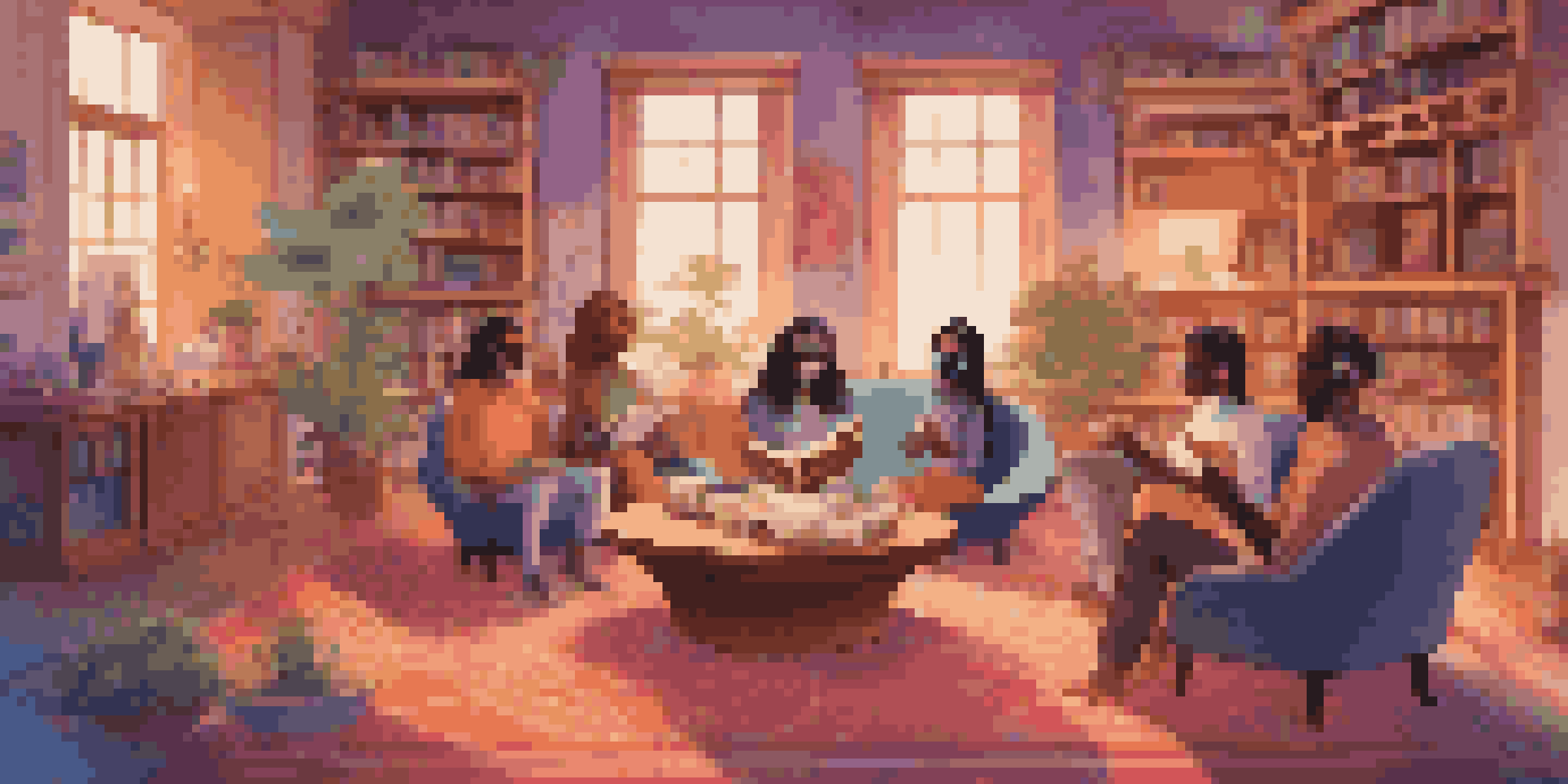 A virtual reality book club with diverse avatars discussing books in a cozy, colorful environment.
